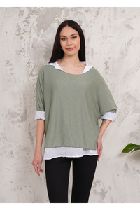 Oversized Double Layer Top and Shirt with 3/4 Sleeve in Khaki