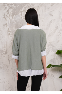 Oversized Double Layer Top and Shirt with 3/4 Sleeve in Khaki