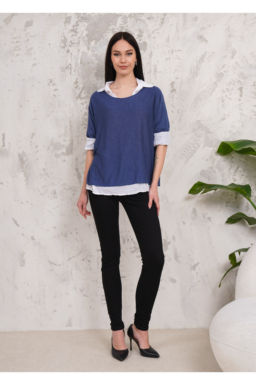 Oversized Double Layer Top and Shirt with 3/4 Sleeve in Blue