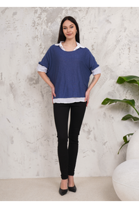 Oversized Double Layer Top and Shirt with 3/4 Sleeve in Blue