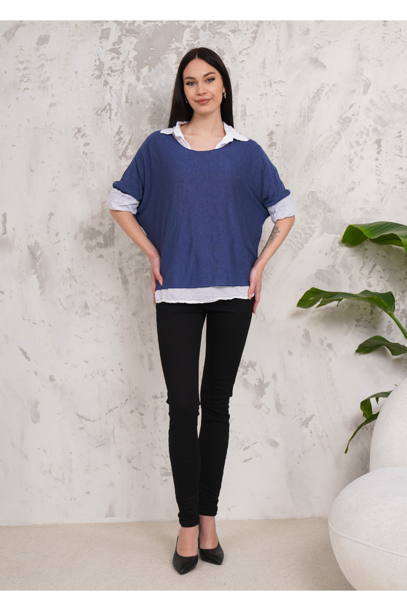 Oversized Double Layer Top and Shirt with 3/4 Sleeve in Blue