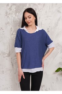 Oversized Double Layer Top and Shirt with 3/4 Sleeve in Blue