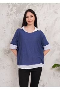 Oversized Double Layer Top and Shirt with 3/4 Sleeve in Blue