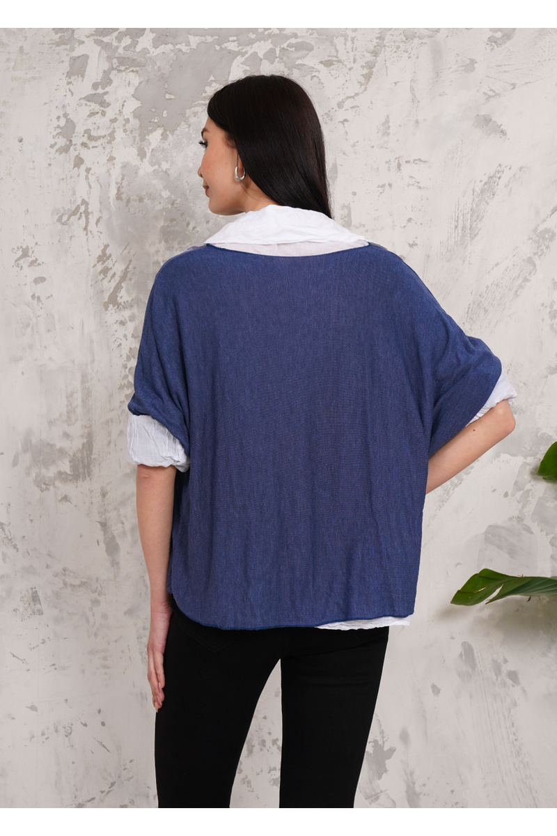 Oversized Double Layer Top and Shirt with 3/4 Sleeve in Blue