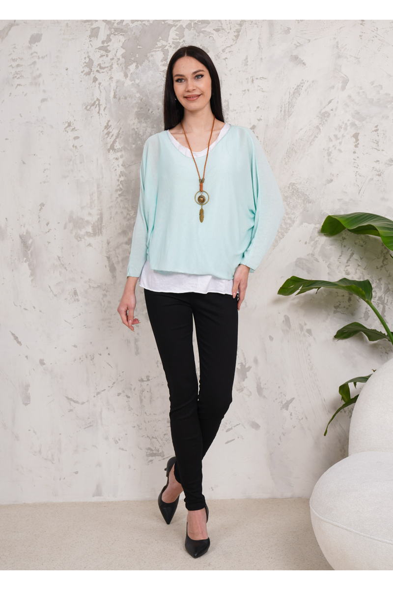 Oversized Long Sleeves Double Layered Top with Necklace in Mint