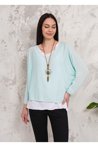 Oversized Long Sleeves Double Layered Top with Necklace in Mint