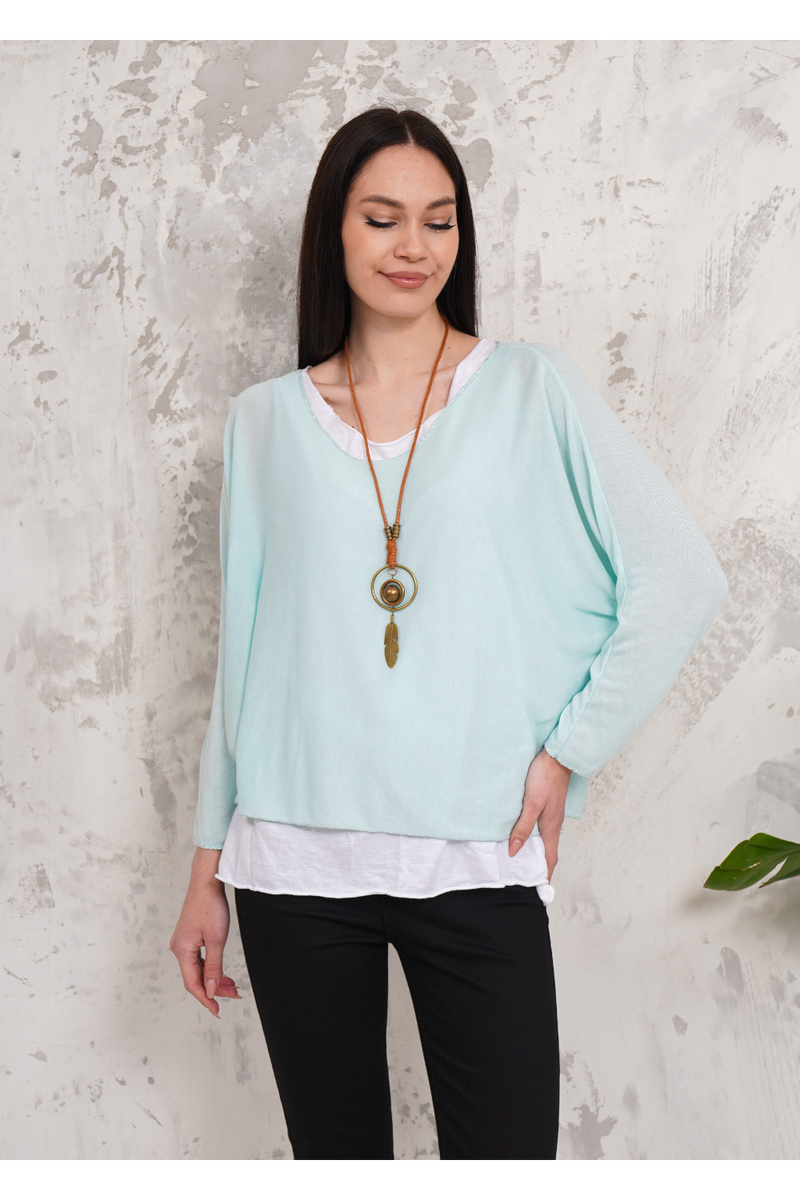 Oversized Long Sleeves Double Layered Top with Necklace in Mint