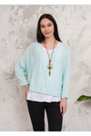 Oversized Long Sleeves Double Layered Top with Necklace in Mint