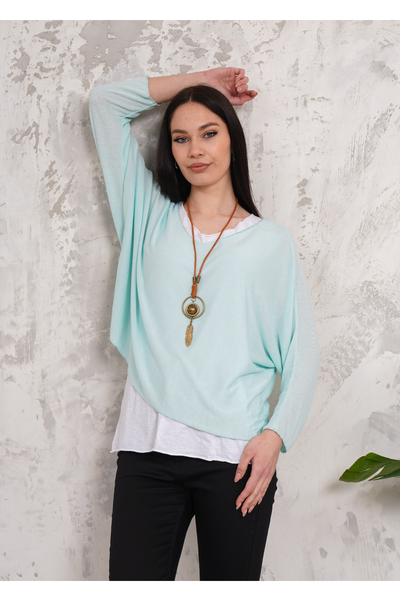 Oversized Long Sleeves Double Layered Top with Necklace in Mint