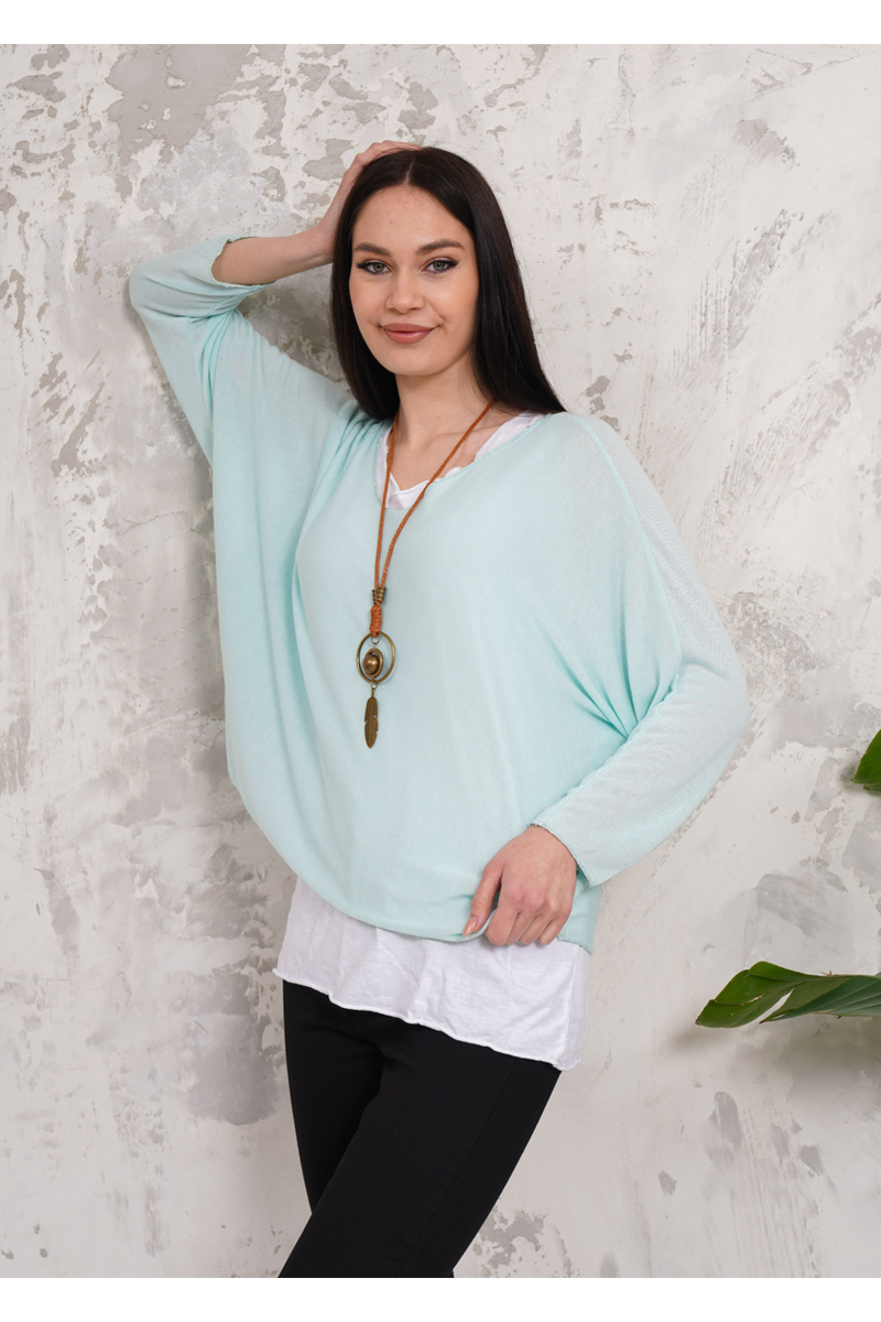 Oversized Long Sleeves Double Layered Top with Necklace in Mint