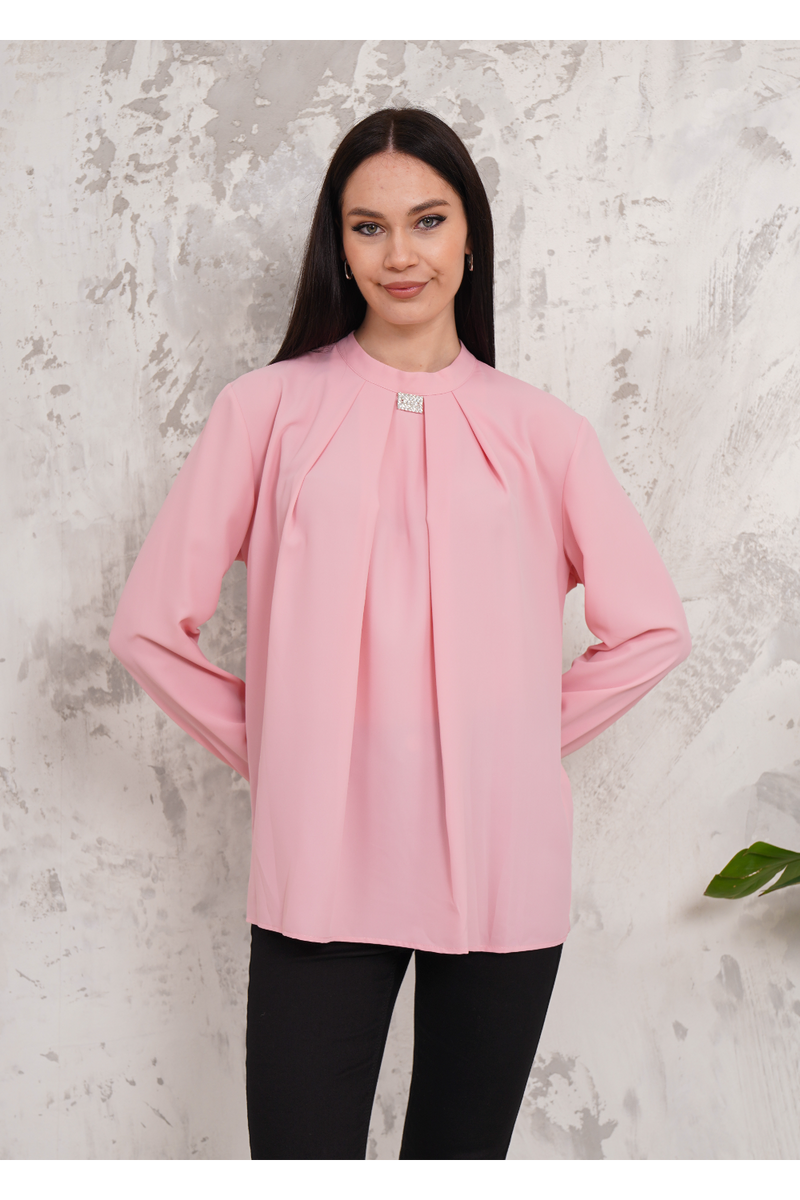 Oversized Long Sleeves Brooch Detailed Blouse in Pink