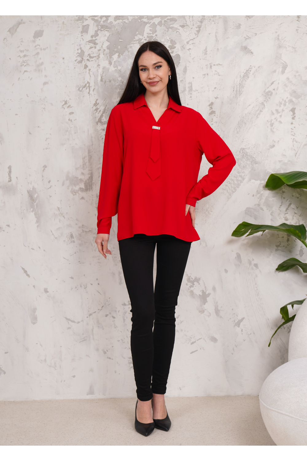 Relaxed Fit Long Sleeve Blouse with Tie Detail in Red