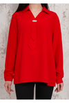 Relaxed Fit Long Sleeve Blouse with Tie Detail in Red