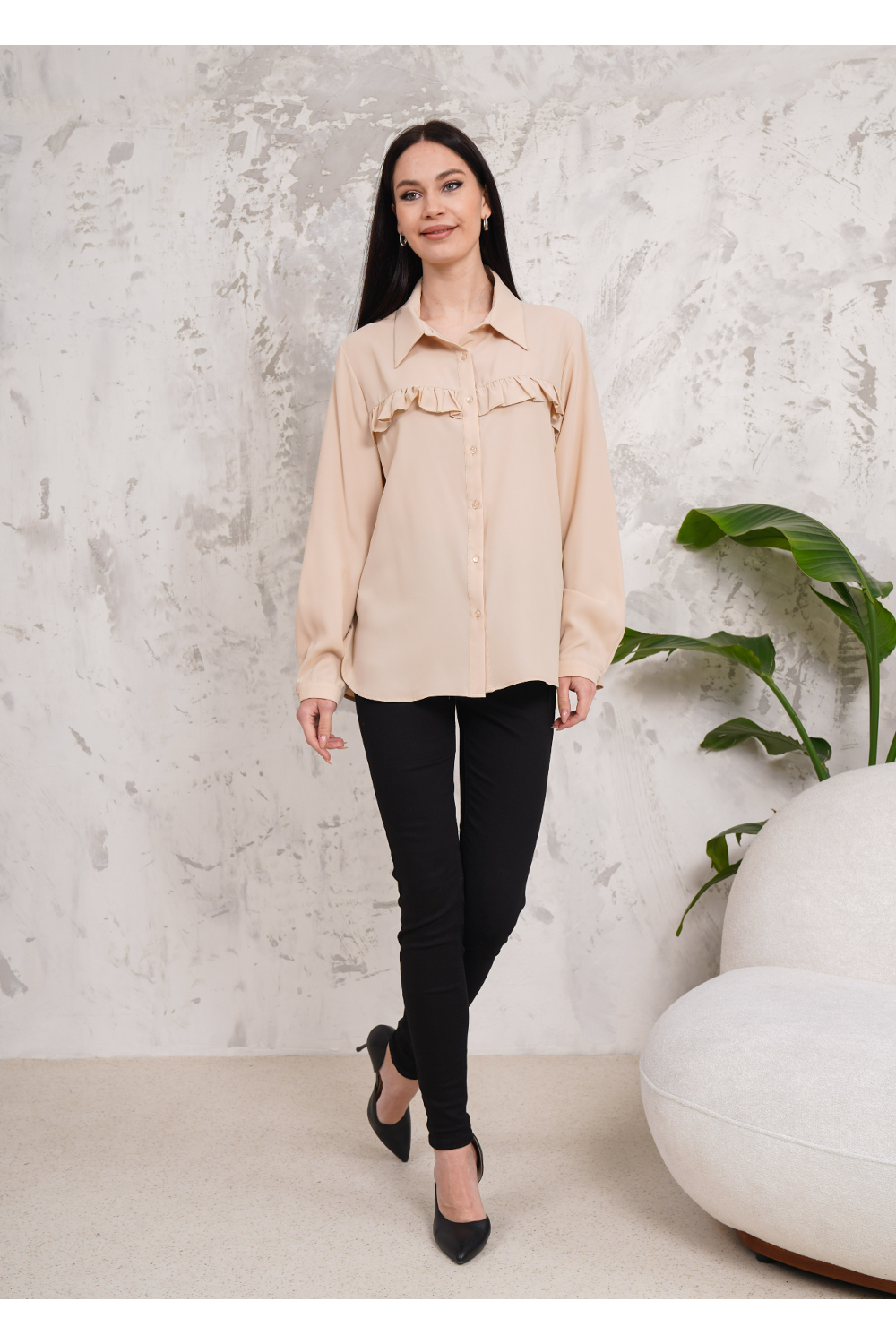 Oversized Frill Detailed Long Sleeves Blouse Shirt in Beige