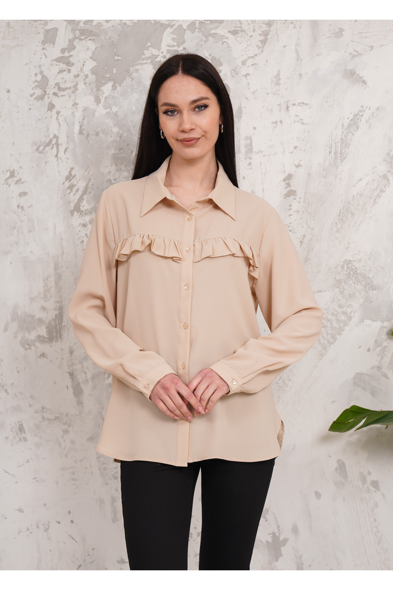 Oversized Frill Detailed Long Sleeves Blouse Shirt in Beige