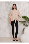 Oversized V Neck Tie Front Detailed Blouse with 3/4 Sleeves in Beige