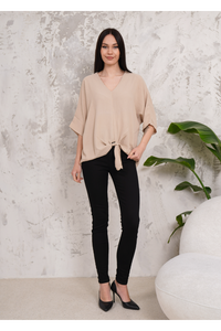 Oversized V Neck Tie Front Detailed Blouse with 3/4 Sleeves in Beige