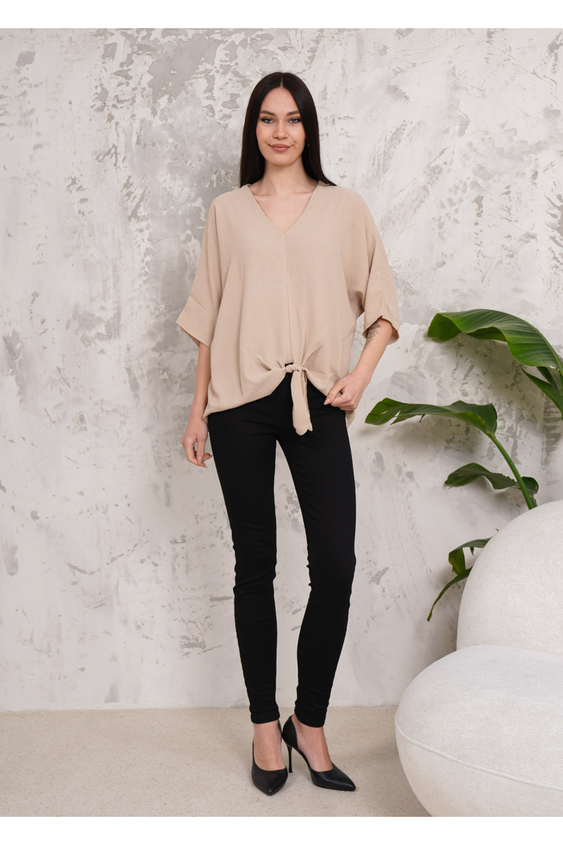 Oversized V Neck Tie Front Detailed Blouse with 3/4 Sleeves in Beige