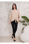 Oversized V Neck Tie Front Detailed Blouse with 3/4 Sleeves in Beige