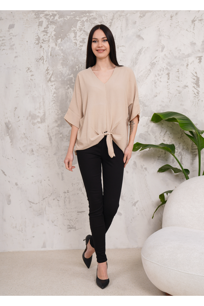 Oversized V Neck Tie Front Detailed Blouse with 3/4 Sleeves in Beige