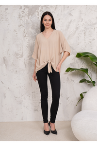 Oversized V Neck Tie Front Detailed Blouse with 3/4 Sleeves in Beige