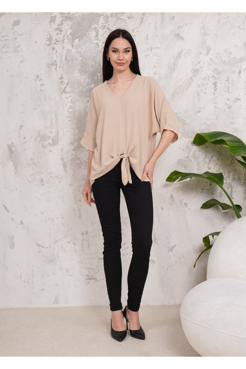 Oversized V Neck Tie Front Detailed Blouse with 3/4 Sleeves in Beige