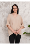 Oversized V Neck Tie Front Detailed Blouse with 3/4 Sleeves in Beige