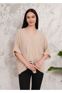 Oversized V Neck Tie Front Detailed Blouse with 3/4 Sleeves in Beige