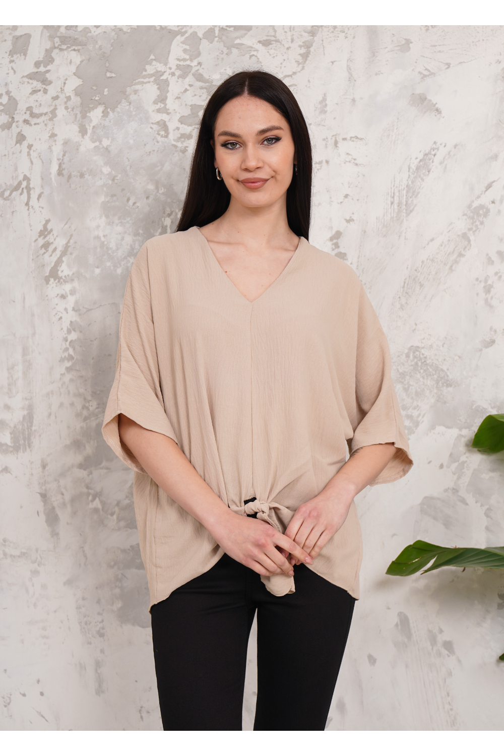 Oversized V Neck Tie Front Detailed Blouse with 3/4 Sleeves in Beige