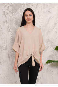 Oversized V Neck Tie Front Detailed Blouse with 3/4 Sleeves in Beige