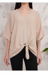 Oversized V Neck Tie Front Detailed Blouse with 3/4 Sleeves in Beige