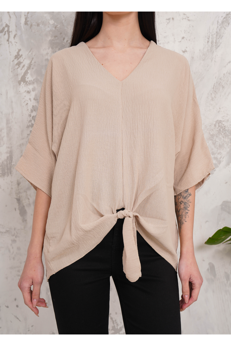Oversized V Neck Tie Front Detailed Blouse with 3/4 Sleeves in Beige