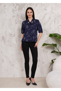 Short Sleeves Tie Neck Top with Moon and Star Printed in Navy