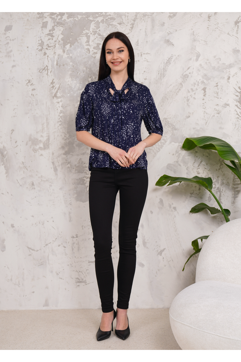 Short Sleeves Tie Neck Top with Moon and Star Printed in Navy