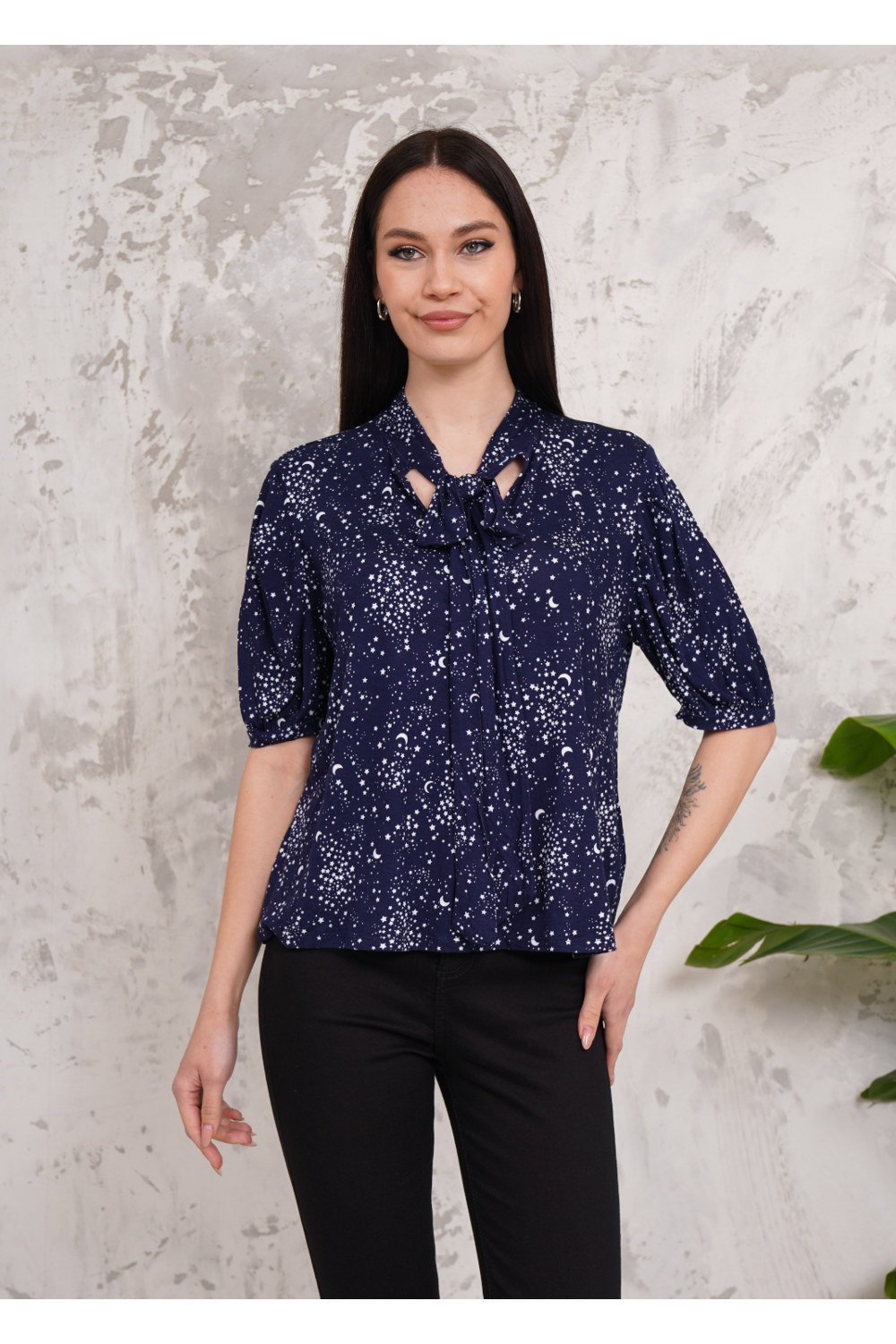 Short Sleeves Tie Neck Top with Moon and Star Printed in Navy