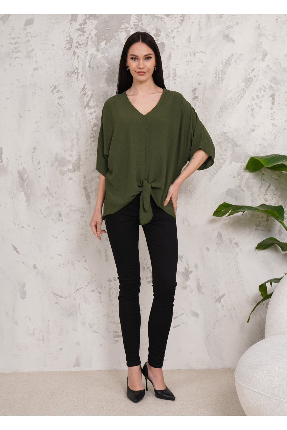 Oversized V Neck Tie Front Detailed Blouse with 3/4 Sleeves in Khaki