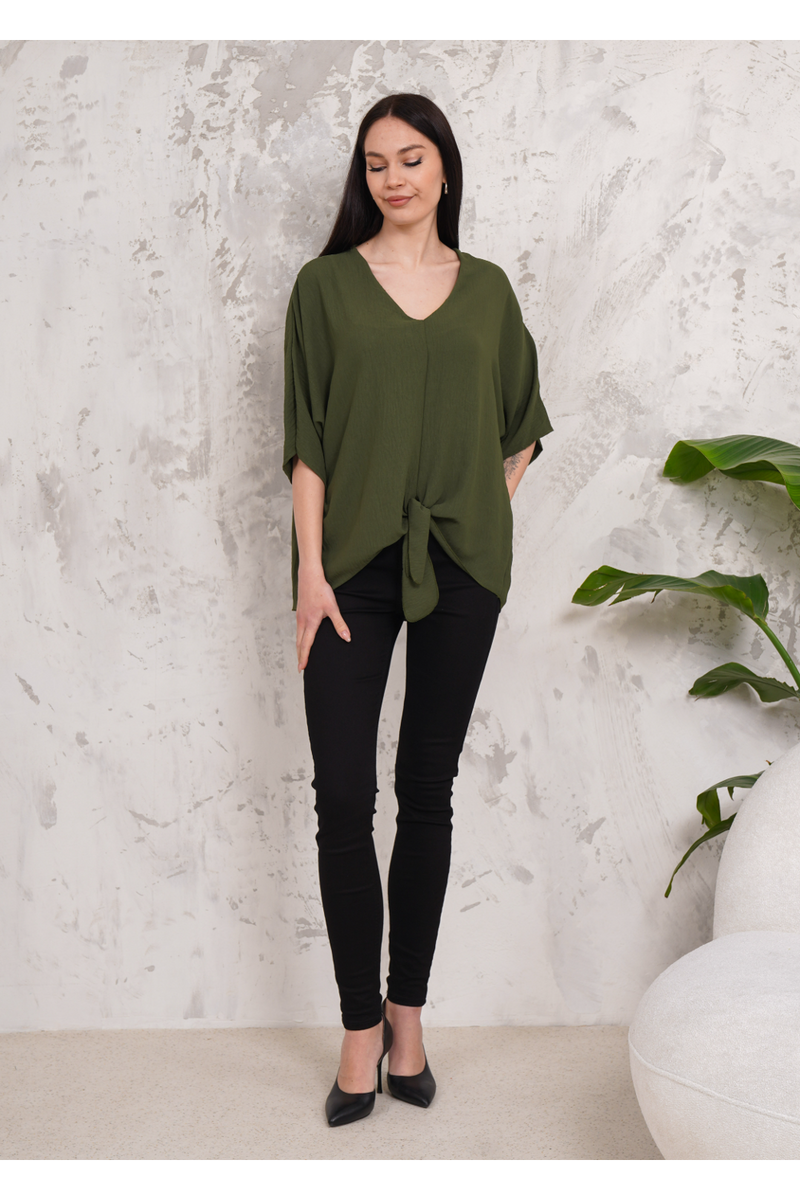 Oversized V Neck Tie Front Detailed Blouse with 3/4 Sleeves in Khaki