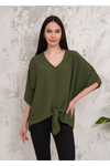 Oversized V Neck Tie Front Detailed Blouse with 3/4 Sleeves in Khaki