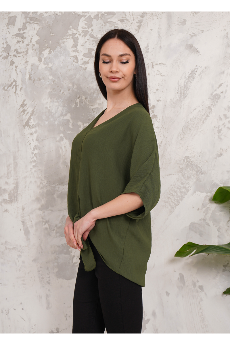 Oversized V Neck Tie Front Detailed Blouse with 3/4 Sleeves in Khaki