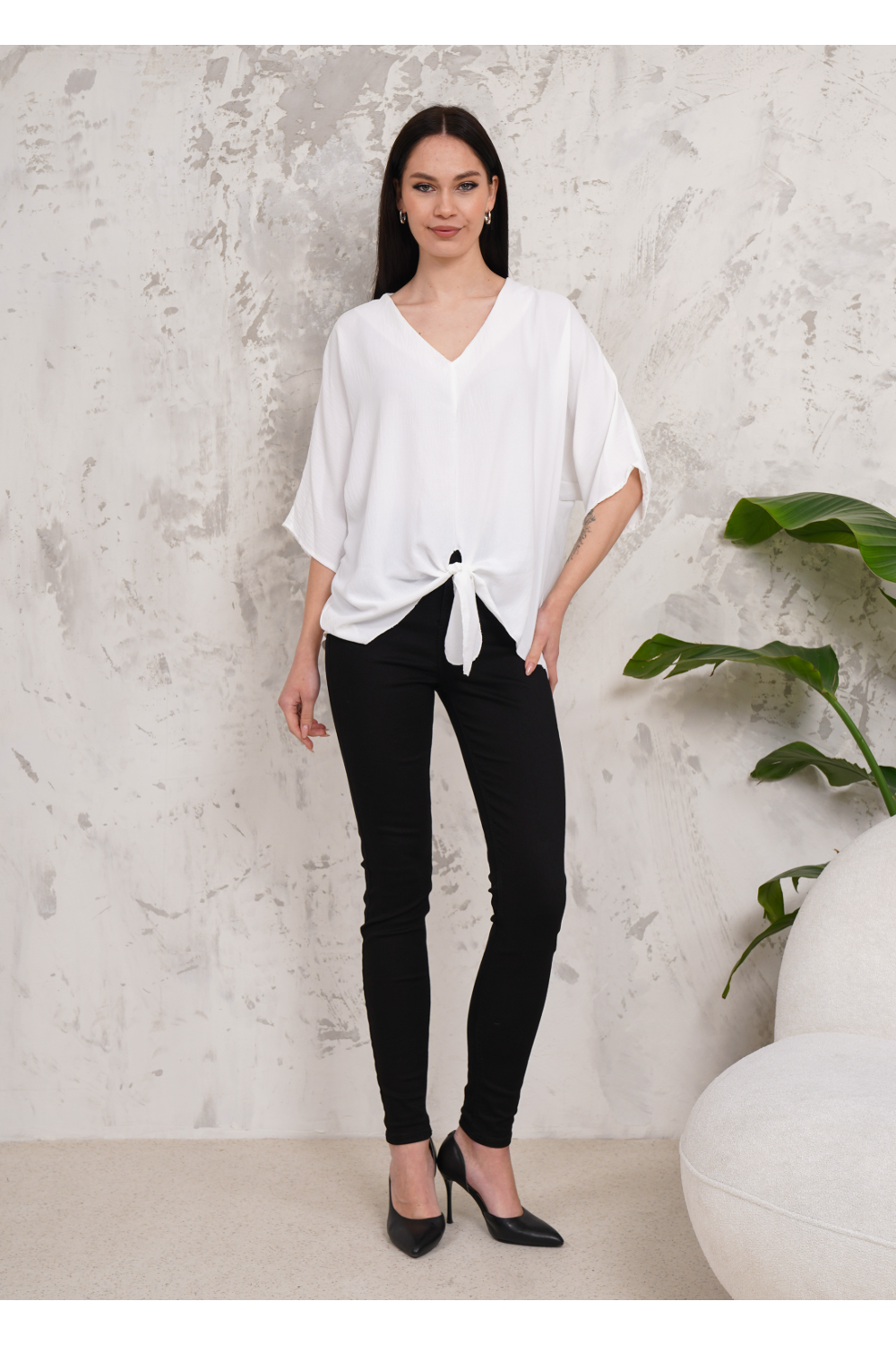 Oversized V Neck Tie Front Detailed Blouse with 3/4 Sleeves in White