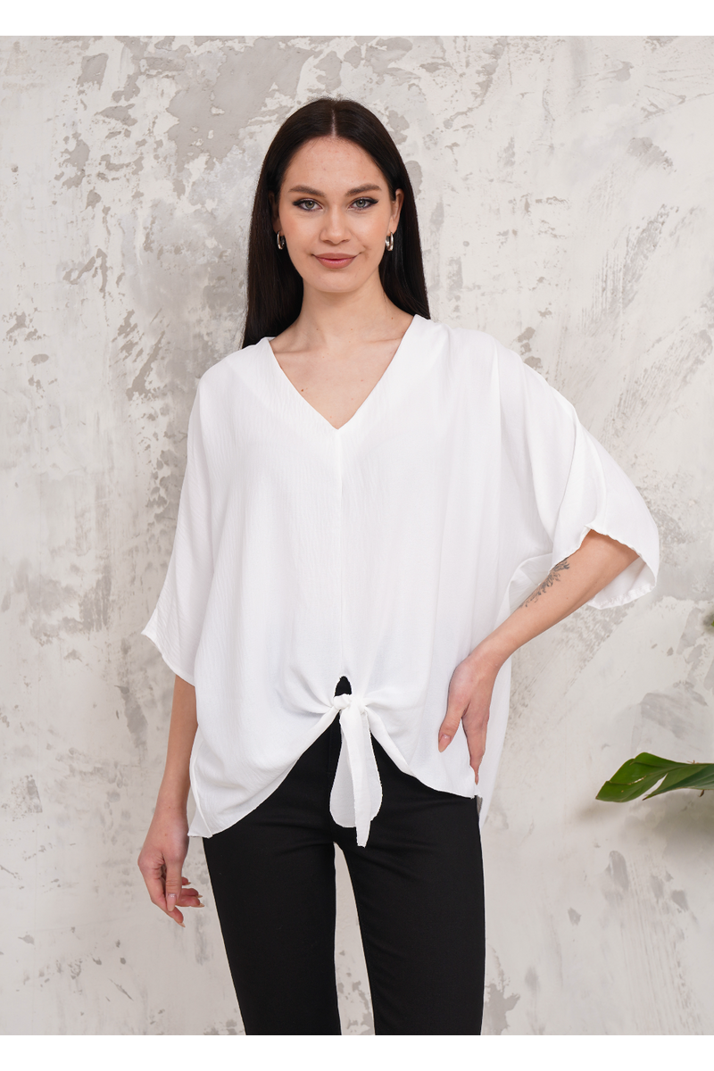 Oversized V Neck Tie Front Detailed Blouse with 3/4 Sleeves in White