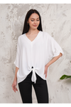 Oversized V Neck Tie Front Detailed Blouse with 3/4 Sleeves in White