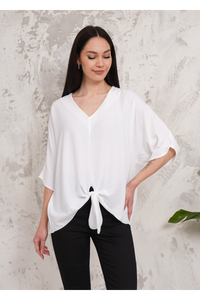 Oversized V Neck Tie Front Detailed Blouse with 3/4 Sleeves in White