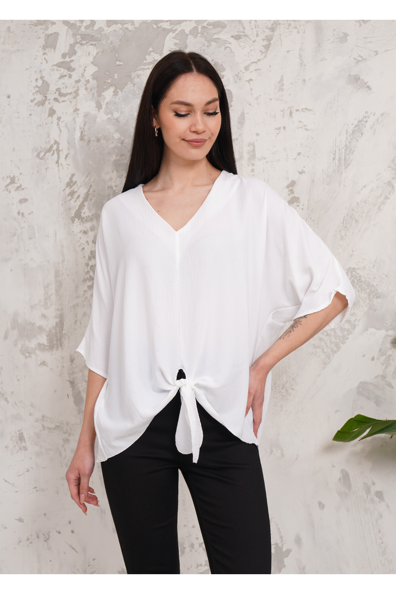 Oversized V Neck Tie Front Detailed Blouse with 3/4 Sleeves in White