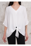 Oversized V Neck Tie Front Detailed Blouse with 3/4 Sleeves in White