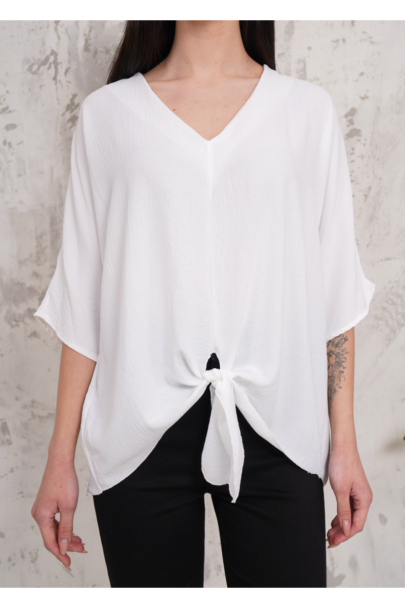 Oversized V Neck Tie Front Detailed Blouse with 3/4 Sleeves in White