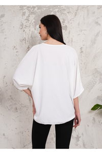 Oversized V Neck Tie Front Detailed Blouse with 3/4 Sleeves in White