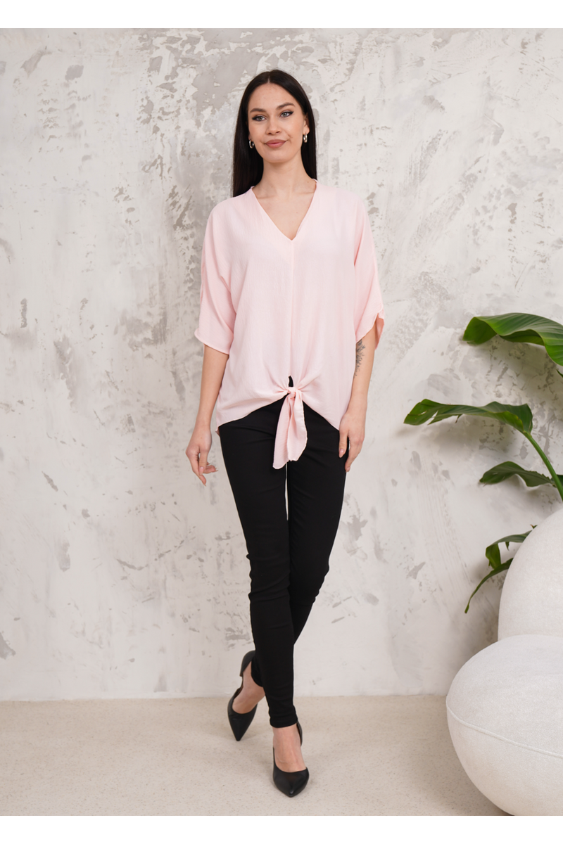 Oversized V Neck Tie Front Detailed Blouse with 3/4 Sleeves in Pink