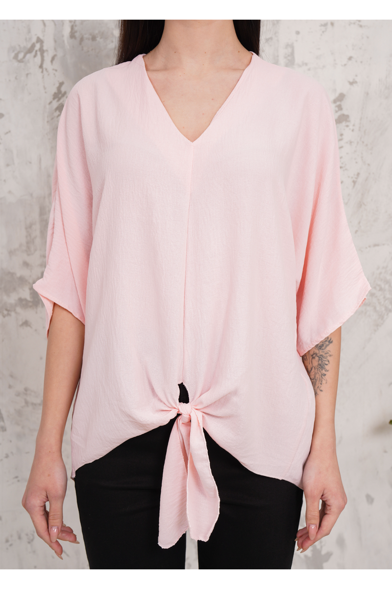 Oversized V Neck Tie Front Detailed Blouse with 3/4 Sleeves in Pink