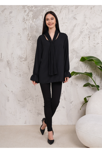 Oversized Pleated Tie Neck Long Bell Sleeves Blouse in Black